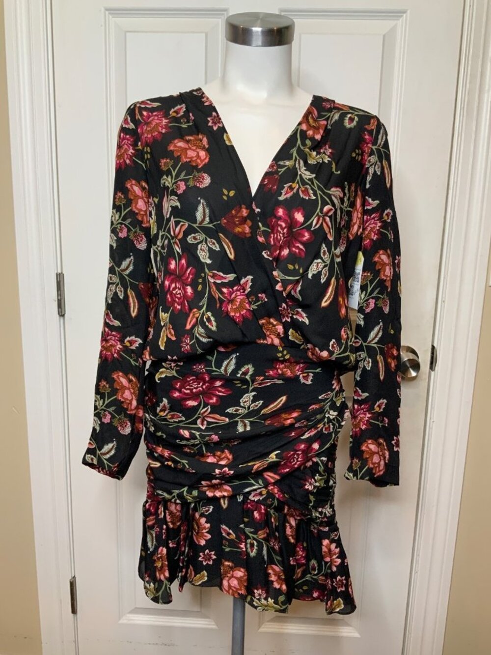 ALC Haven Sheer Blk Floral Patterned Silk Wrap Top Asymmetrical Dress, Sz 4 NWT